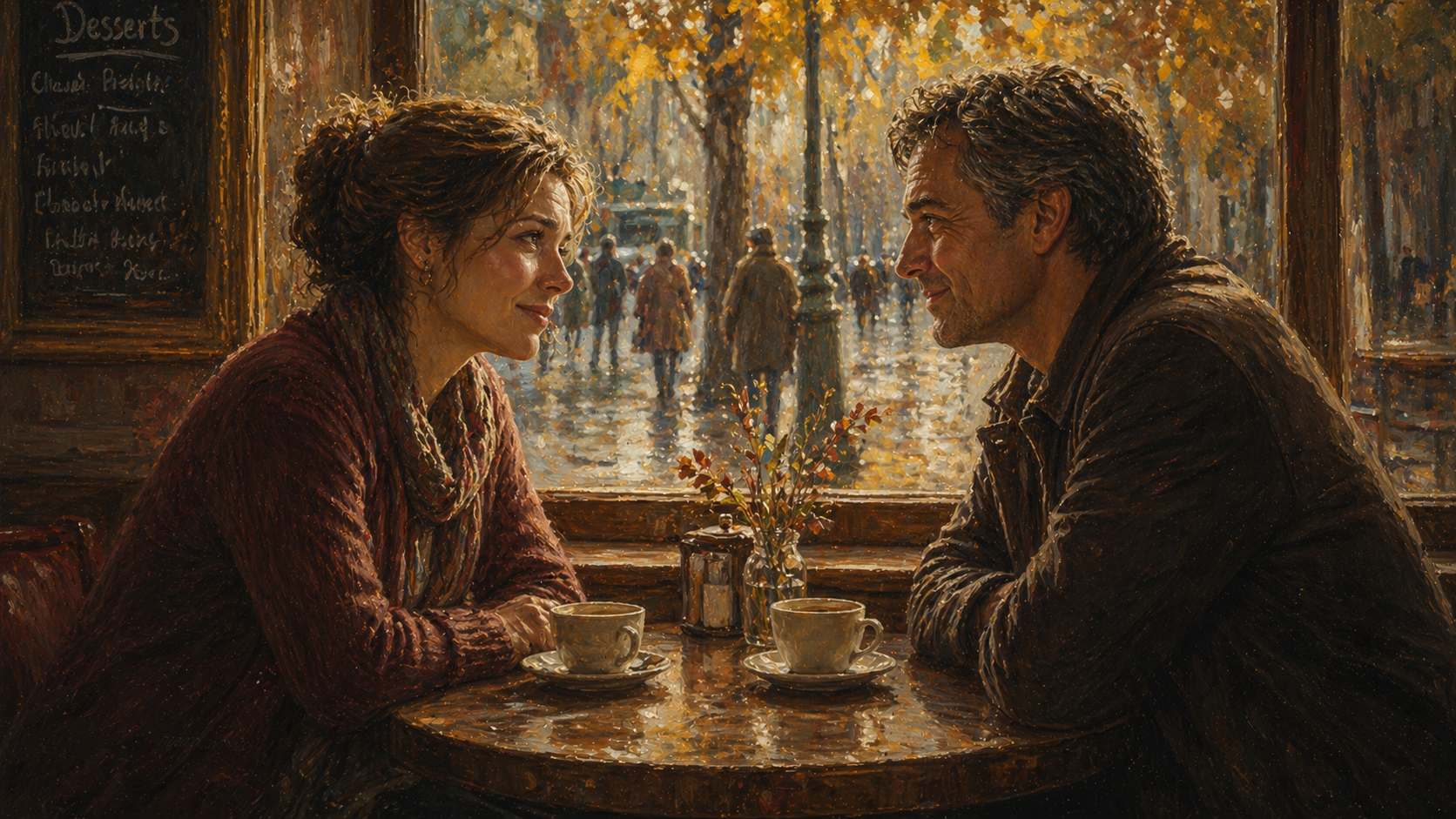 Зрелая Лена рядом с мужем, в её глазах печаль и усталость.